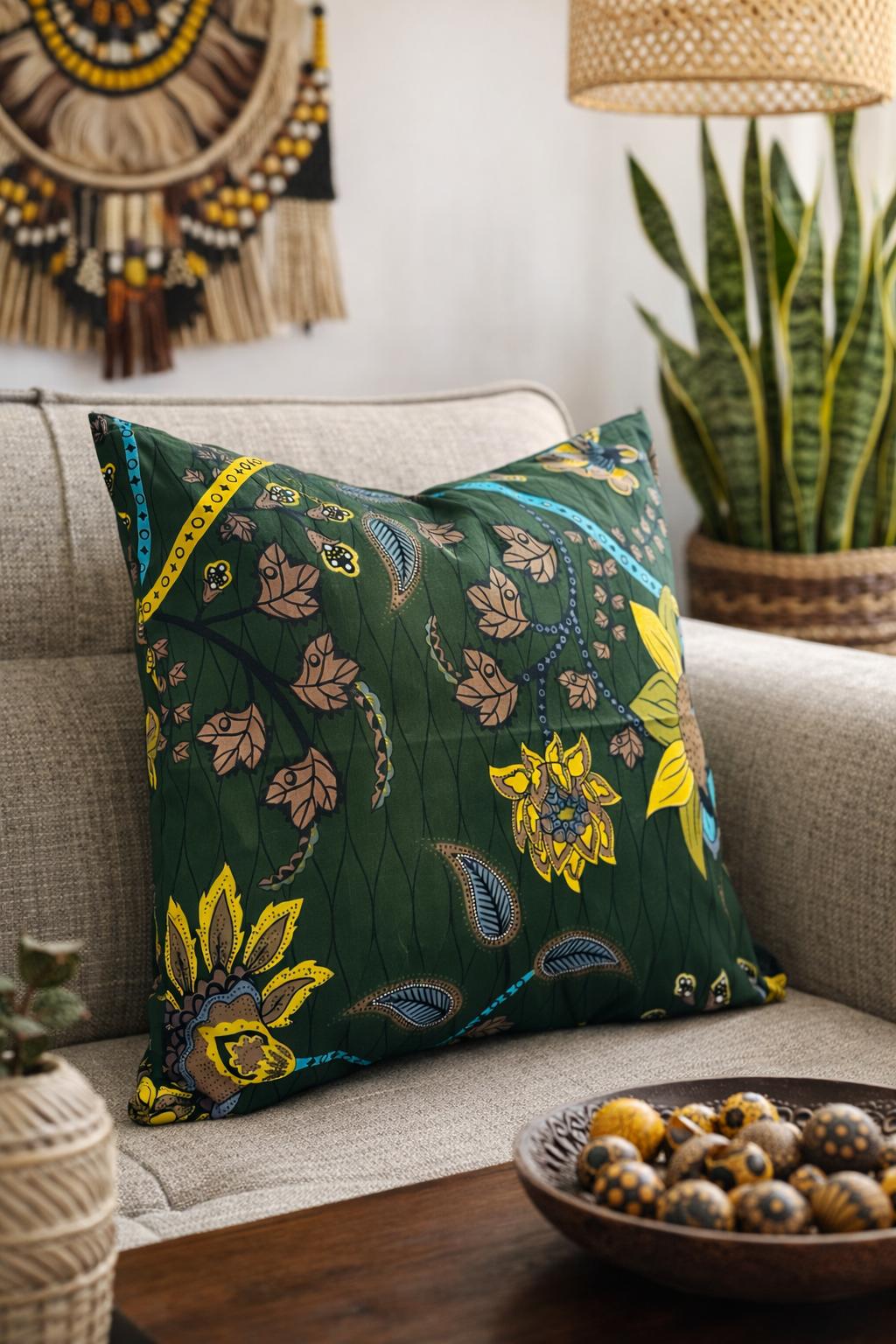 Afrikanischer Kissenbezug, Dark Green & Yellow Botanical Flow