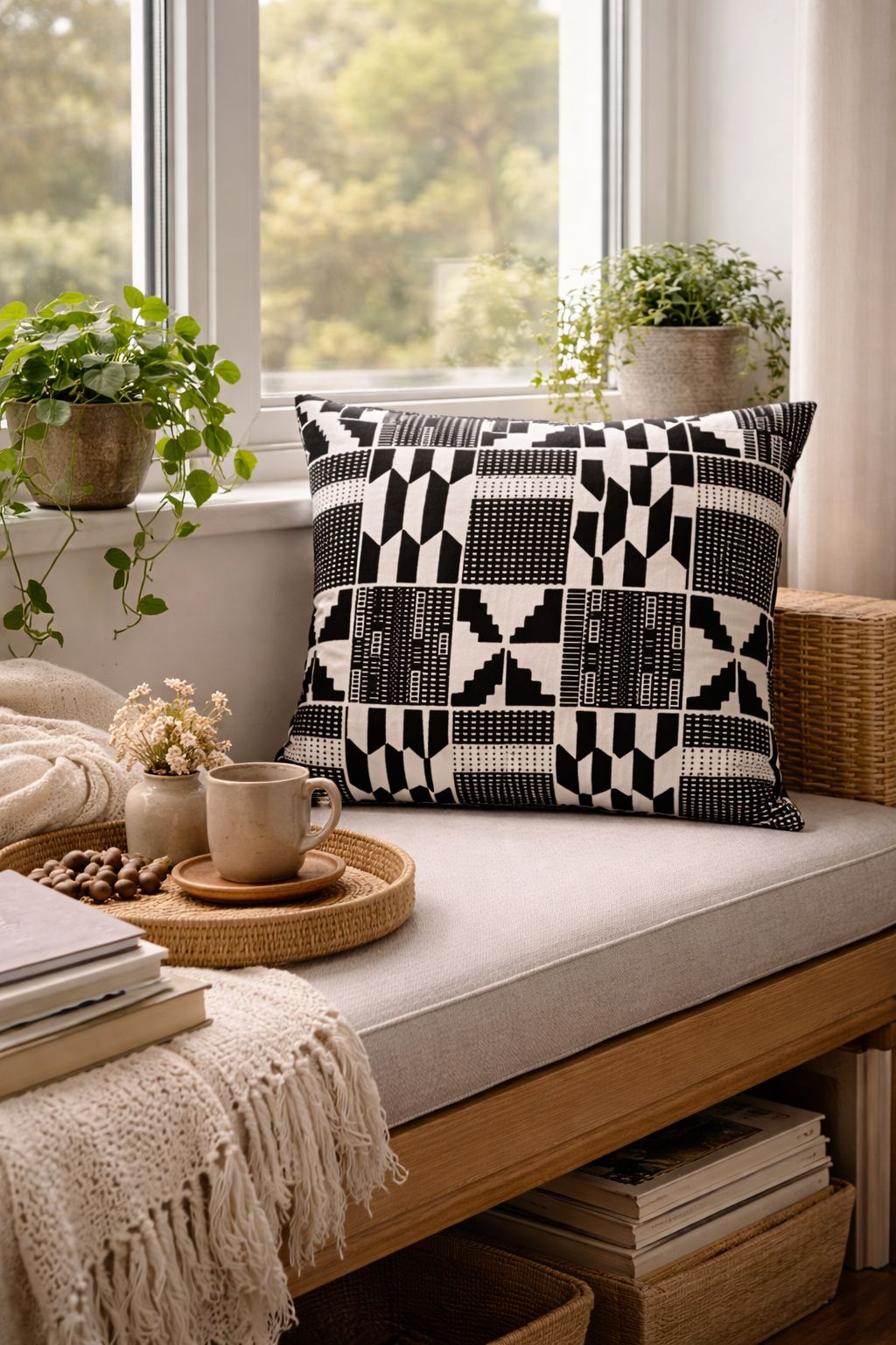 Afrikanischer Kissenbezug, White / Black Kente