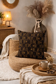 Afrikanischer Kissenbezug, Black / Yellow Bogolan