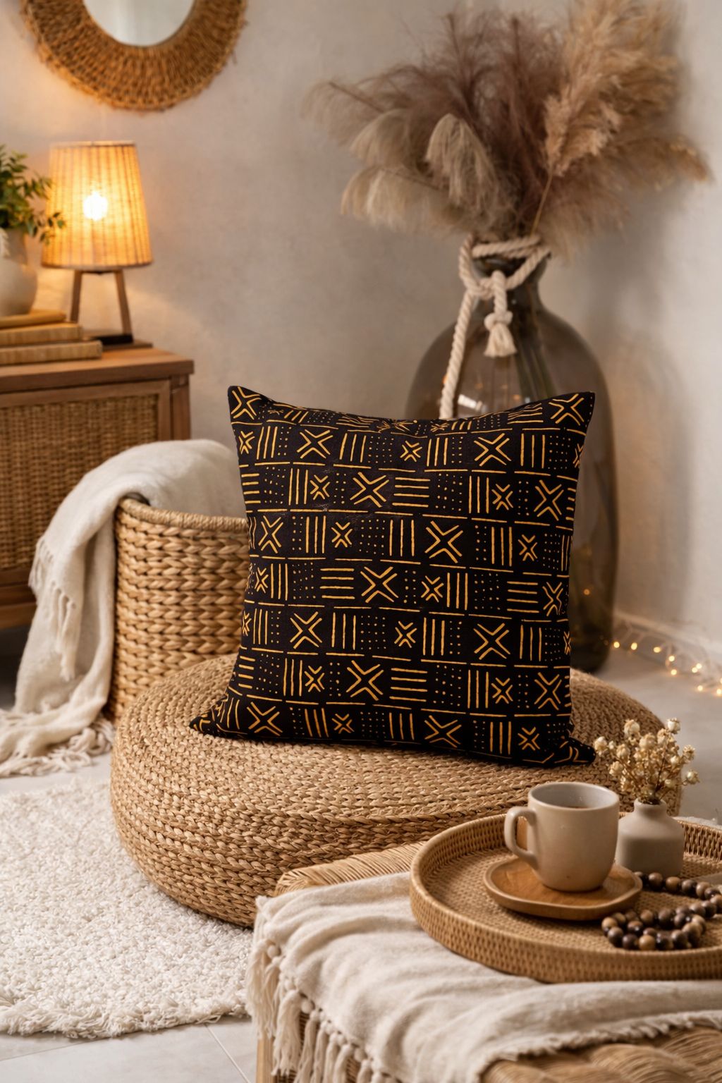 Afrikanischer Kissenbezug, Black / Yellow Bogolan