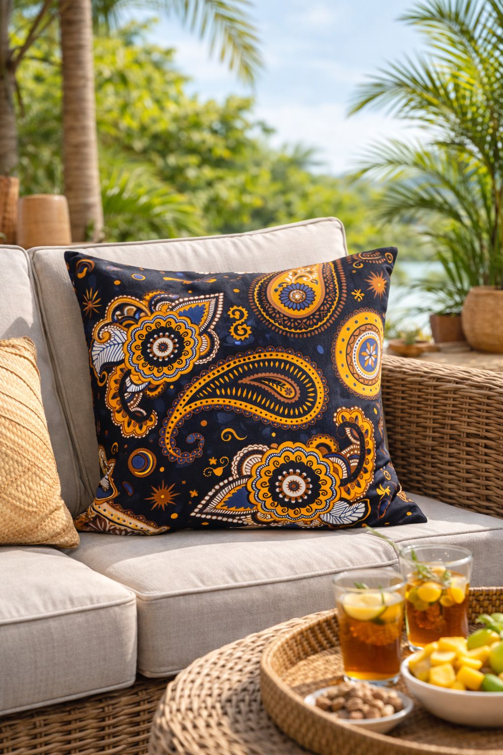 Afrikanischer Kissenbezug, Navy Blue Yellow Paisley