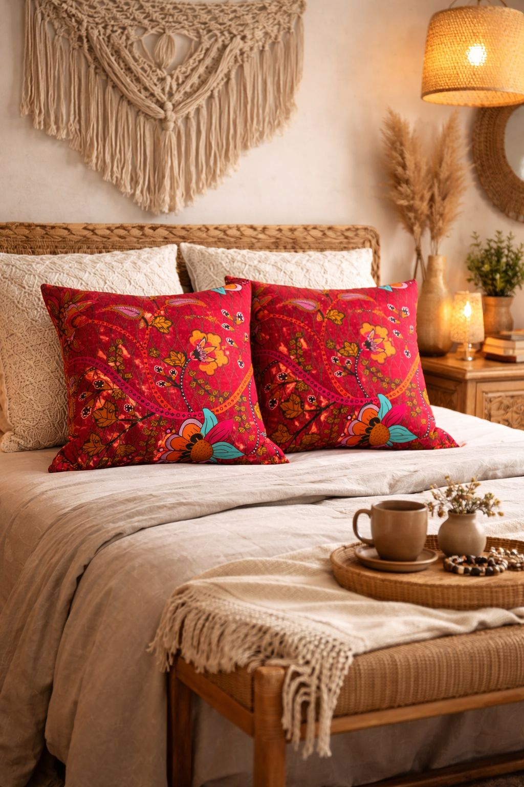 Afrikanischer Kissenbezug, Dark Red & Yellow Botanical Flow